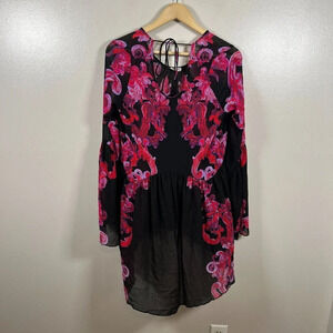 Free People Symphony Swing Mini Dress Size XS Black Floral Boho Whimsigoth